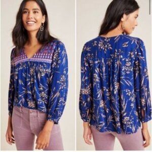 Anthropologie XS Blue Indigo Embroidered Floral Print Relaxed Blouse